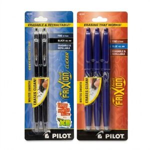 Lot of 2 Pilot FriXion Erasable Gel Pens 0.7mm Fine Black Clicker Blue Capped